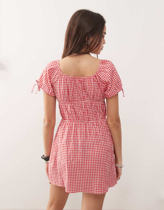 Noisy May tiered mini dress in red gingham - Image 4