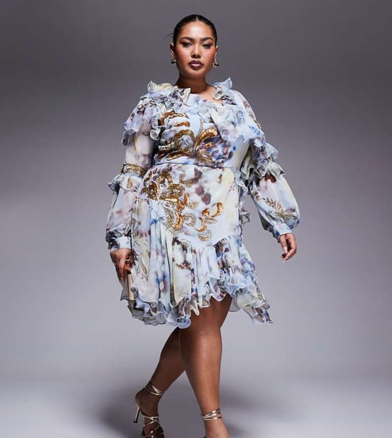 ASOS LUXE Curve organza and chiffon printed asymmetrical mini dress with embellishment in blue western floral - Image 1