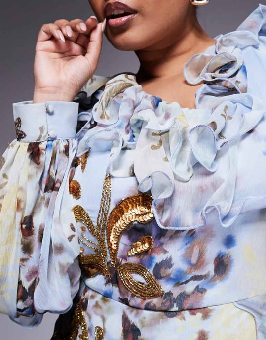 ASOS LUXE Curve organza and chiffon printed asymmetrical mini dress with embellishment in blue western floral - Image 2