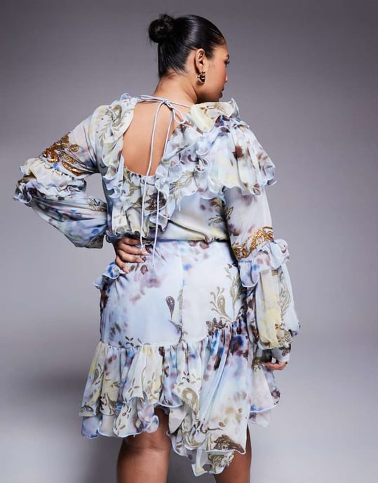 ASOS LUXE Curve organza and chiffon printed asymmetrical mini dress with embellishment in blue western floral - Image 3