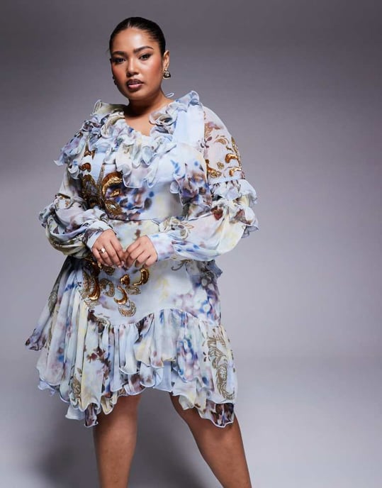 ASOS LUXE Curve organza and chiffon printed asymmetrical mini dress with embellishment in blue western floral - Image 4