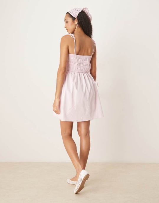 ASOS DESIGN shirred bust cotton poplin mini dress in icy pink - Image 4