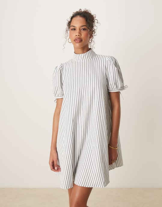 Glamorous high neck mini smock dress in white and black stripe - Image 1