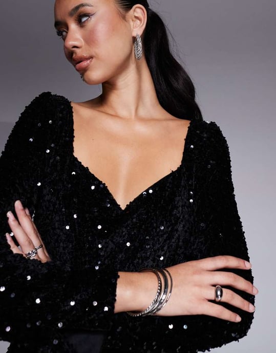 In The Style velvet sequin sweetheart neck mini dress in black - Image 3