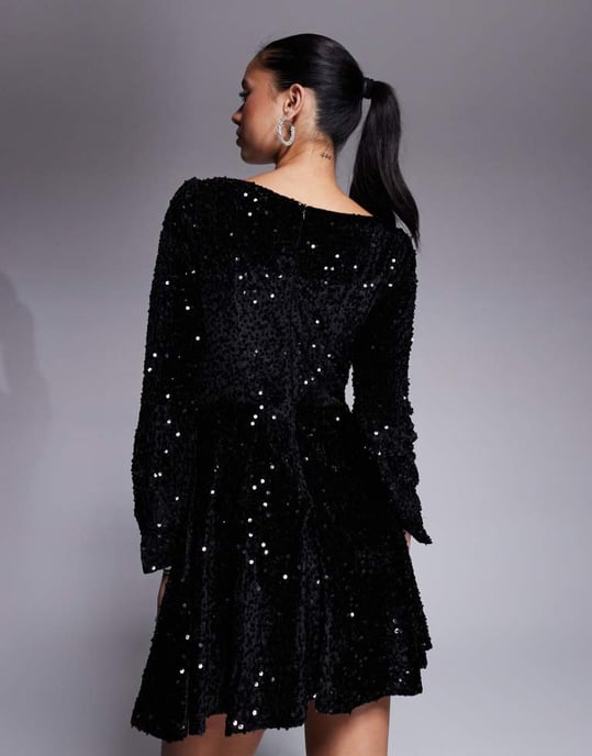 In The Style velvet sequin sweetheart neck mini dress in black - Image 4