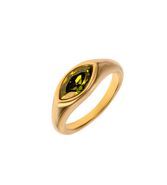 Gold Plated PVD Waterproof Stainless Steel Marquise Green Crystal Rubover Ring - Image 4
