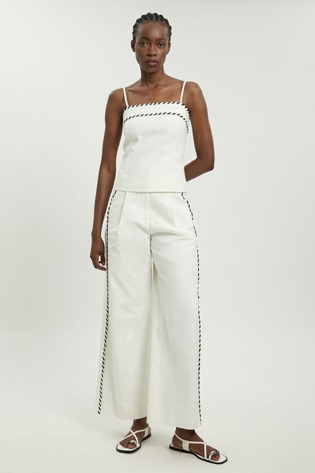 Tailored Linen Blend Contrast Stitch Straight Leg Trouser - Image 1