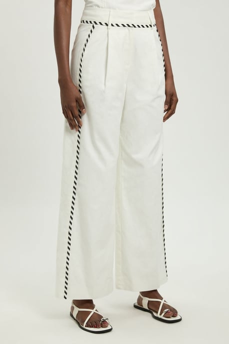 Tailored Linen Blend Contrast Stitch Straight Leg Trouser - Image 2