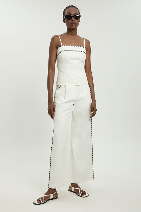 Tailored Linen Blend Contrast Stitch Straight Leg Trouser - Image 3
