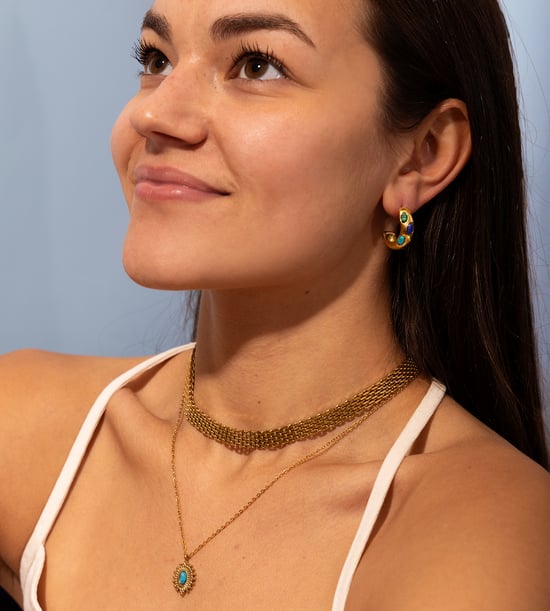 Gold Plated Stainless Steel Studded Malachite And Turquoise Stud Hoop - Image 2