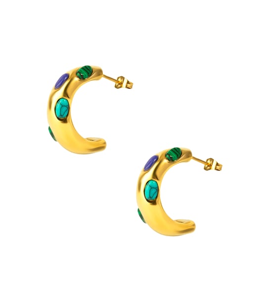 Gold Plated Stainless Steel Studded Malachite And Turquoise Stud Hoop - Image 4