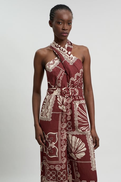 Linen viscose tile print belted woven jumpsuit - Image 2