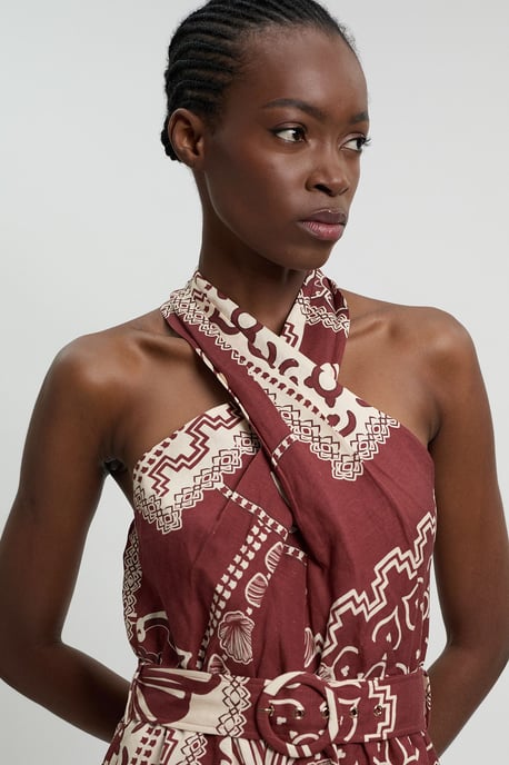 Linen viscose tile print belted woven jumpsuit - Image 4
