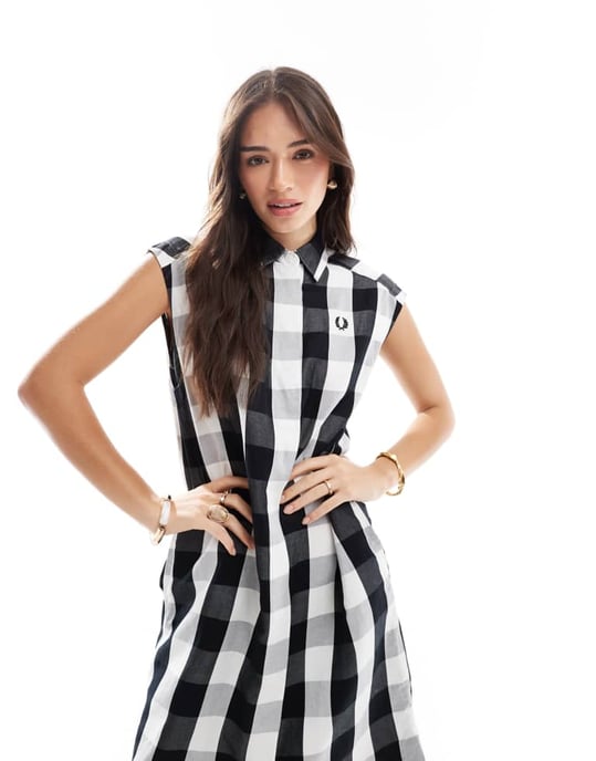 Fred Perry monochrome check shirt dress in white - Image 3