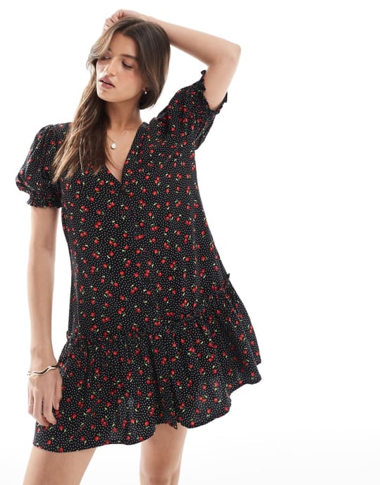 Miss Selfridge printed spun smock dress in Black Cherry Print - Image 1