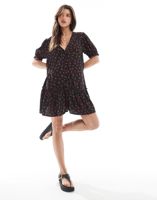 Miss Selfridge printed spun smock dress in Black Cherry Print - Image 4