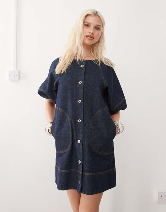 COLLUSION denim shirt dress with puff sleeves in rinse wash - Image 1