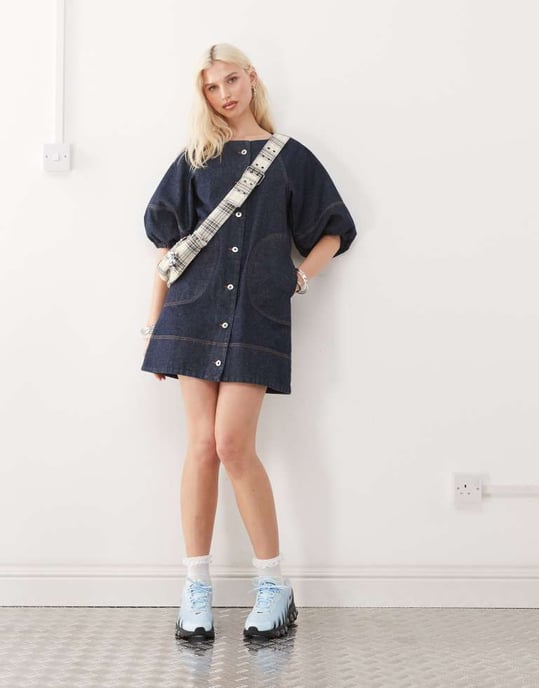 COLLUSION denim shirt dress with puff sleeves in rinse wash - Image 3