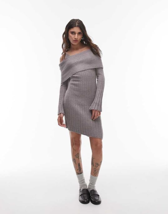 House of Sunny ribbed asymmetric dress in school grey - Image 1