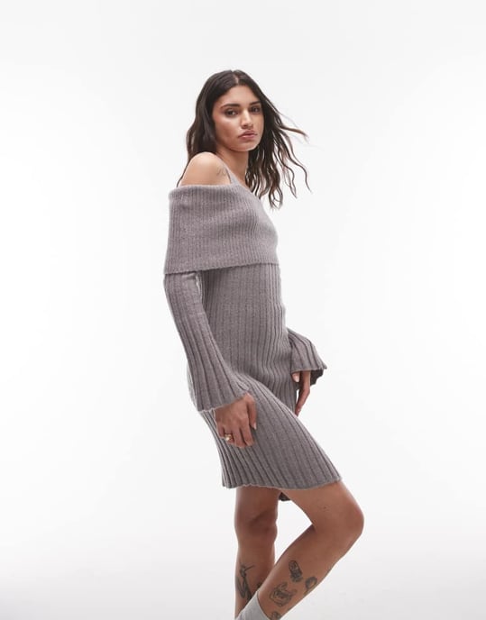 House of Sunny ribbed asymmetric dress in school grey - Image 2