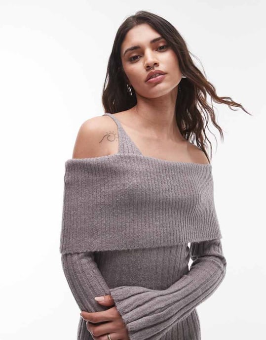 House of Sunny ribbed asymmetric dress in school grey - Image 3