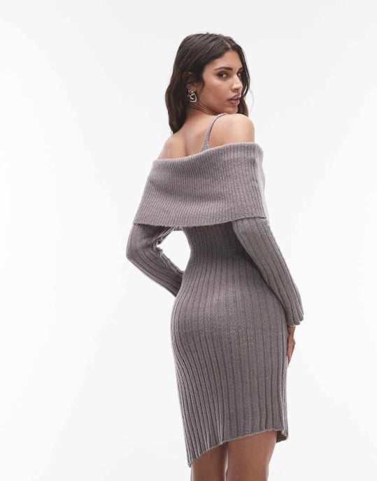 House of Sunny ribbed asymmetric dress in school grey - Image 4