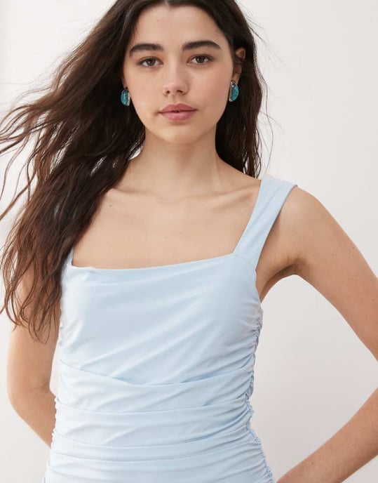 Reclaimed Vintage boho slinky skort dress with dropped waist and ruching details in baby blue - Image 4