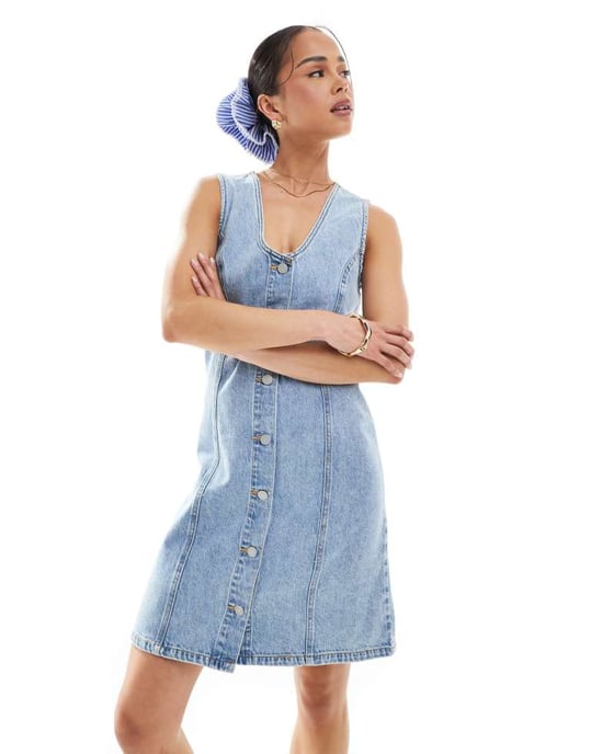 JJXX scoop neck denim dress in light blue - Image 2