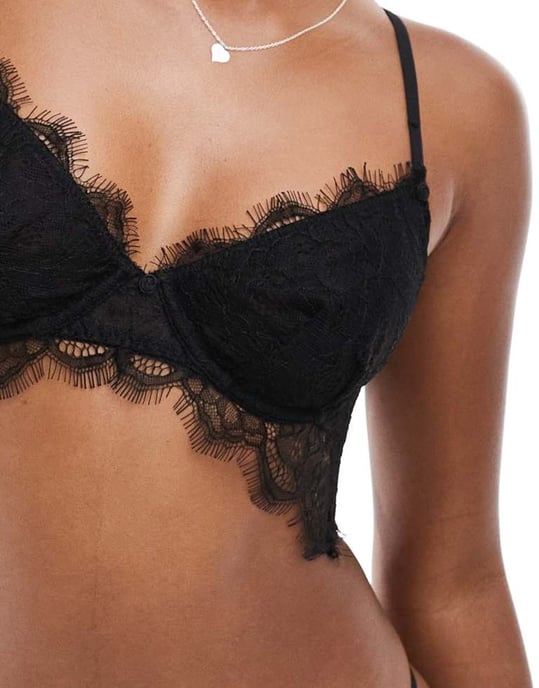 Cotton On eyelash lace longline underwire bra in black - Image 2