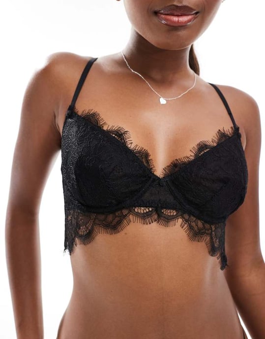 Cotton On eyelash lace longline underwire bra in black - Image 4