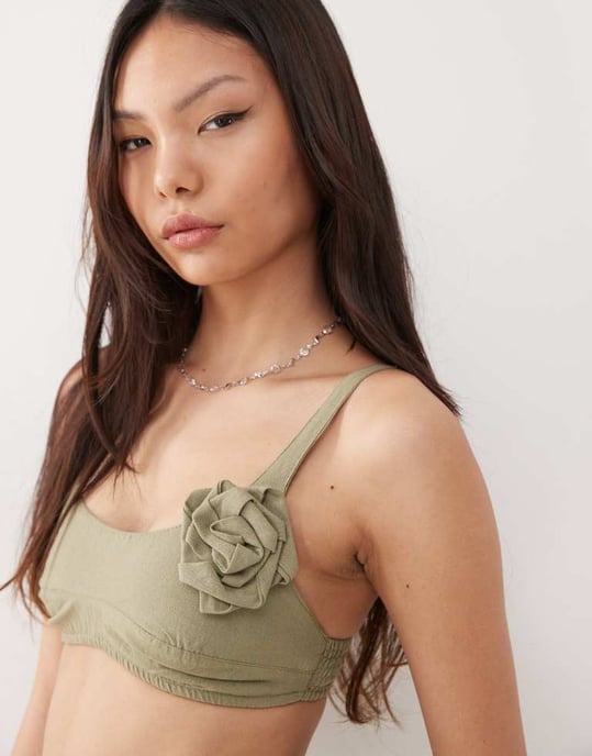 Motel rinta corsage detail linen bralet co-ord in slate green - Image 2
