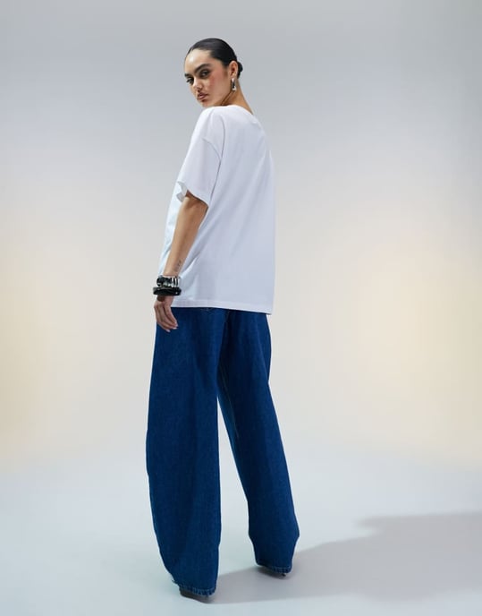 ASOS DESIGN high waisted barrel leg jeans in mid blue - Image 3