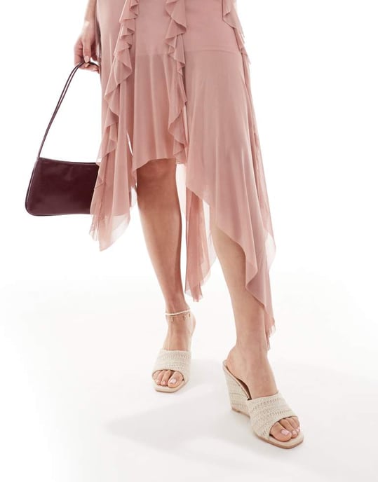 Glamorous Wide Fit wedge heeled sandals in cream crochet - Image 4