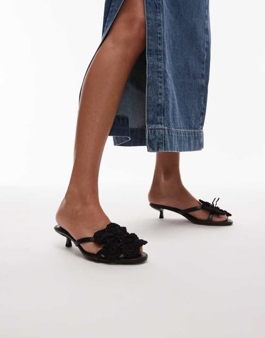 Topshop Ish kitten heeled sandal with knitted flower in black - Image 1