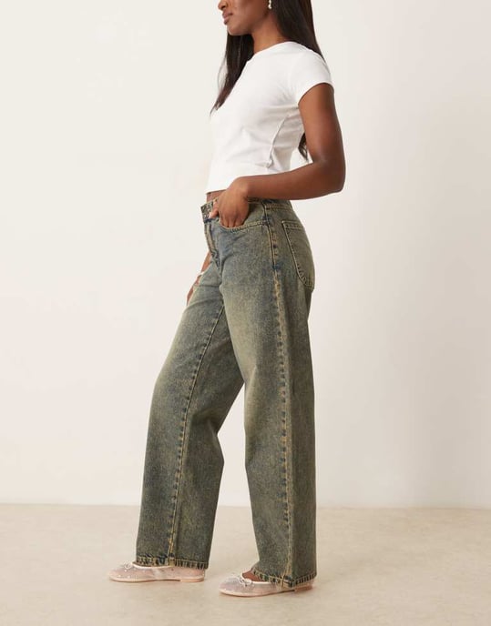 Dickies herndon mid rise loose wide leg denim jeans in indigo with yellow fade - Image 2