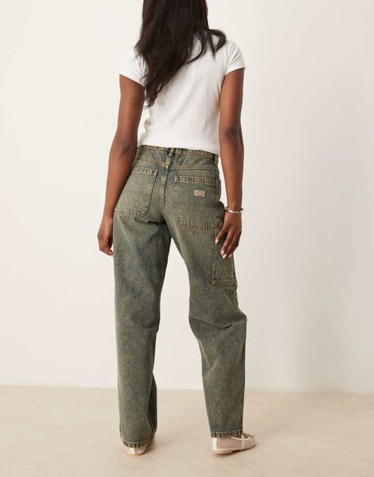 Dickies herndon mid rise loose wide leg denim jeans in indigo with yellow fade - Image 3