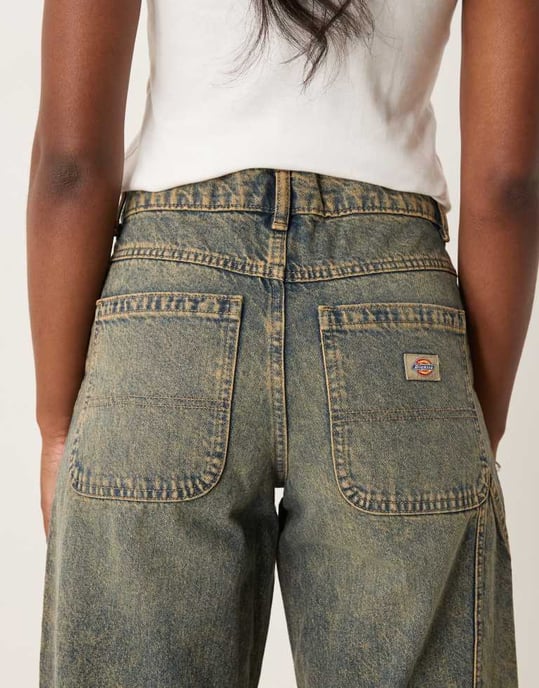 Dickies herndon mid rise loose wide leg denim jeans in indigo with yellow fade - Image 4