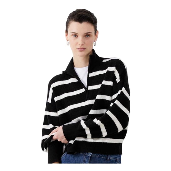 French Connection Unisex Adult Vhari Horizontal Stripe Zip Neck Relaxed Fit Sweater Top (Black) - Image 4
