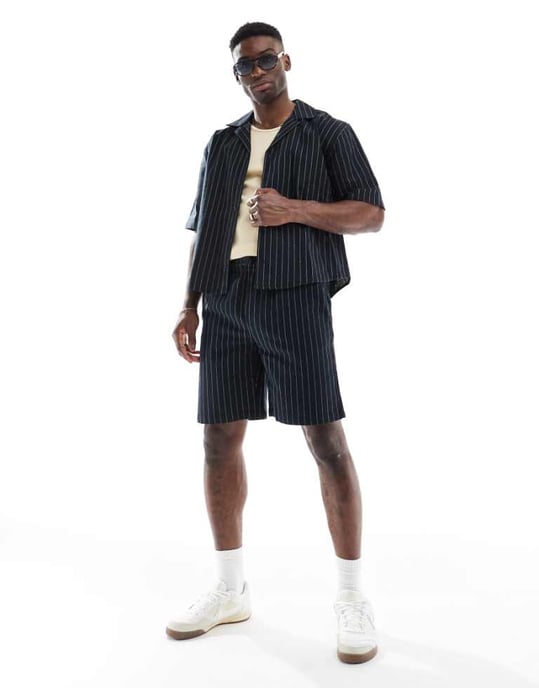 ONLY & SONS loose fit linen short co-ord in black pinstripe - Image 1
