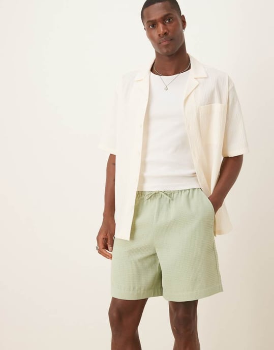 ASOS DESIGN mid length waffle short in green - Image 1