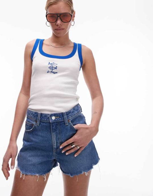 Topshop denim A-line mom shorts with rip in mid blue - Image 1