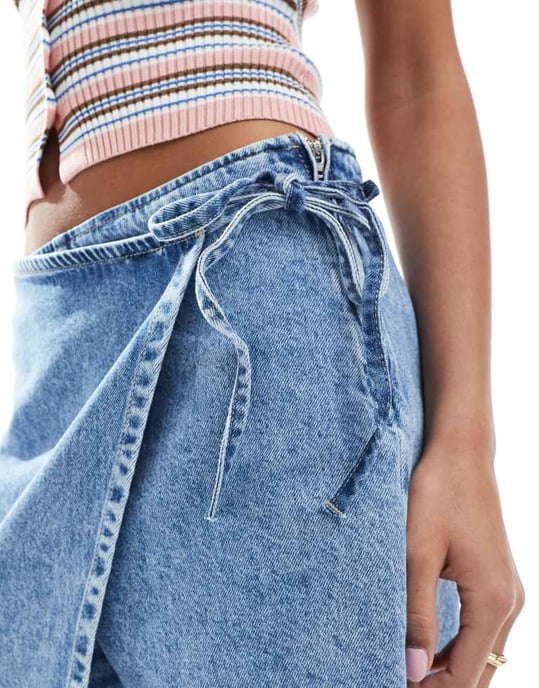 ASOS DESIGN denim a-line skort in midwash blue - Image 3