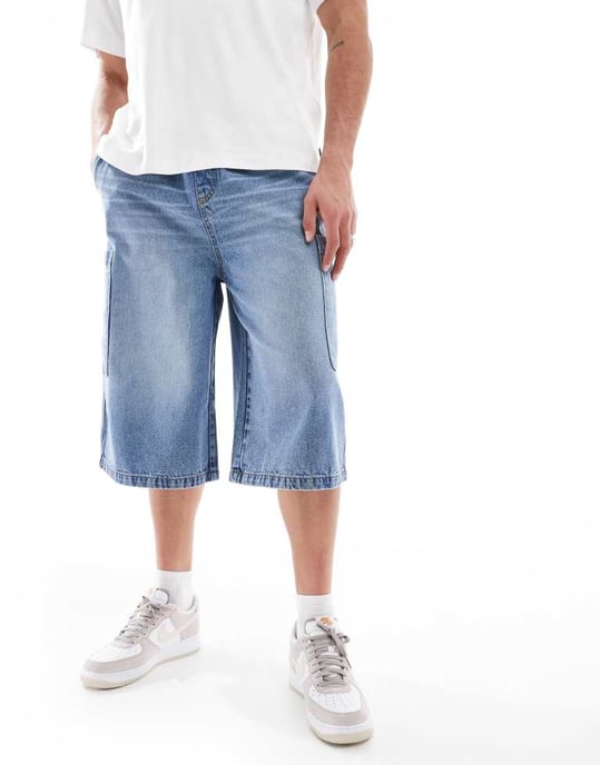 ASOS DESIGN longer length denim jort in mid wash blue with cargo pocket details - Image 3