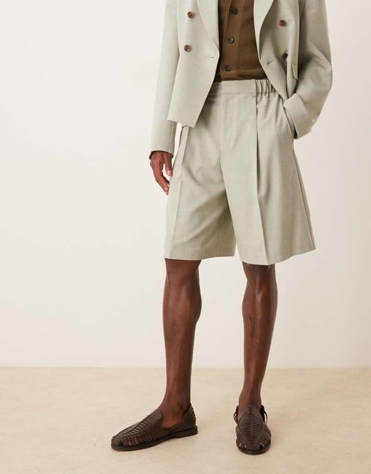 ASOS DESIGN linen look wide suit short in sage green - Image 2