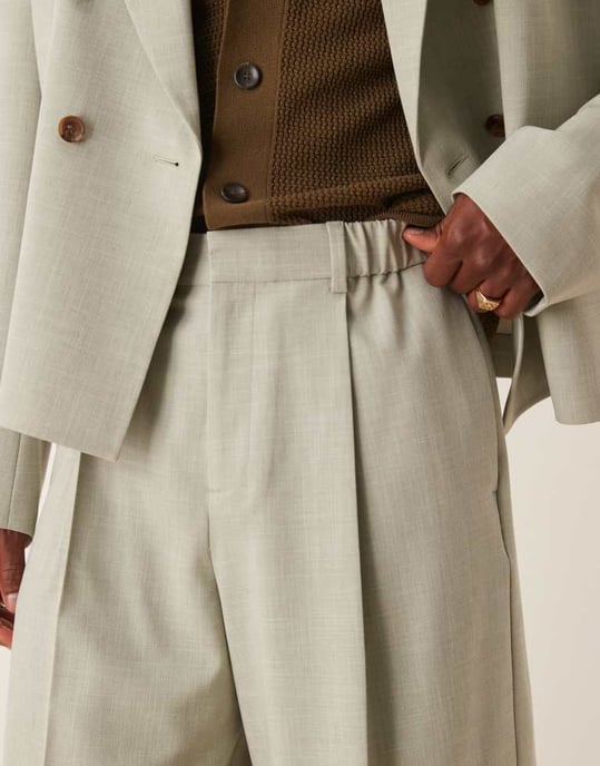 ASOS DESIGN linen look wide suit short in sage green - Image 3