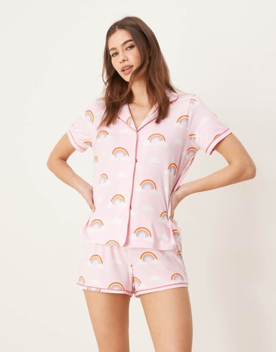 Urban Threads revere pyjama short sleeve shirt and shorts in rainbow print - Image 1