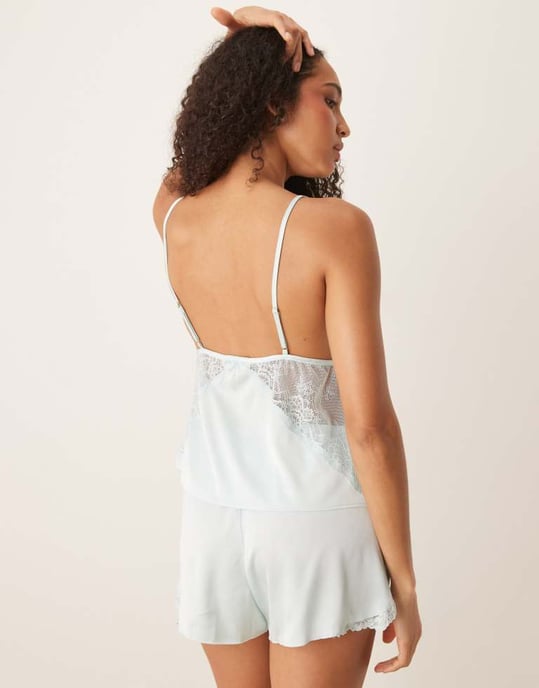Abercrombie & Fitch nightwear satin lace trim flippy short in blue co-ord - Image 3