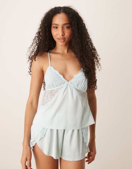 Abercrombie & Fitch nightwear satin lace trim flippy short in blue co-ord - Image 4
