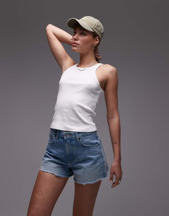 Topshop denim A-line mom shorts with rip in bleach - Image 1