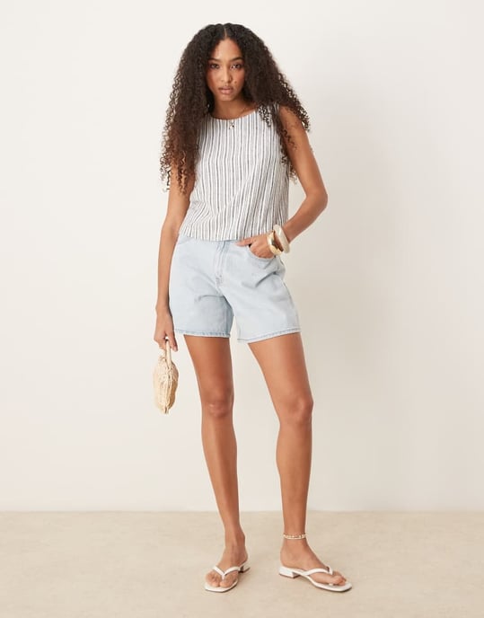 Abercrombie & Fitch classic high rise loose shorts with frayed hem in light wash blue - Image 4